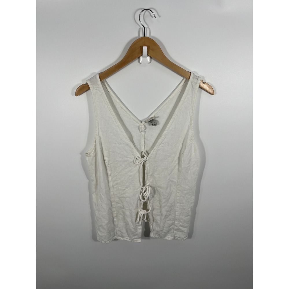 Womens Linen Blend Tie Front Top M White Chic Euro Summer Minimalist Capsule